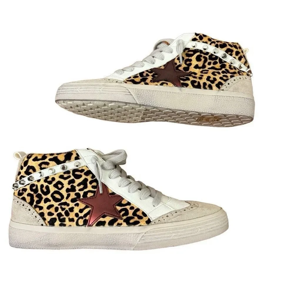 ShuShop Paulina Mid Top Sneakers Leopard Burgundy Star Studded NEW Size 9